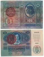 1912. 100K piros "MAGYARORSZÁG" felülbélyegzéssel, "1852 01053" + 1914. 50K piros "MAGYARORSZÁG" felülbélyegzéssel, "1033 840049" T:F,VG, pici anyaghiány a 100K-n Adamo K24B, K28B
