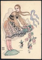 1926 Undi Mariska dekoratív art deco stílusú, kézzel színezett rajza kartonon, jó állapotban, 13,5×9,5 cm