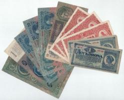 Vegyes, 11db-os korona bankjegy tétel, benne 1912. 100K piros "MAGYARORSZÁG" felülbélyegzéssel, "1360 00448" sorszámmal, gyenge tartásban + 1913. 20K (3x) + 1914. 50K + 1915. 10K + 1920. 2K csillagos sorszámmal (3x) + 1K (2x) T:F,VG, 1912. 100K: G, (anyaghiány, tépődés)