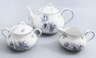 Meisseni virágmintás kávés / teás készlet, jelzett, 1 csésze hiánnyal, cukortartón repedéssel