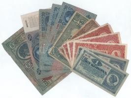 Vegyes, 12db-os korona bankjegy tétel, benne 1912. 100K piros "MAGYARORSZÁG" felülbélyegzéssel + 1913. 20K (3x) + 1914. 50K + 1919. 5K "MÁS TÖRVÉNYES...", "010 951.376" gyenge tartásban + 1920. 2K (3x), ebből 2x csillagos sorszámmal + 1K (2x) + 1923. 100K T:F-G