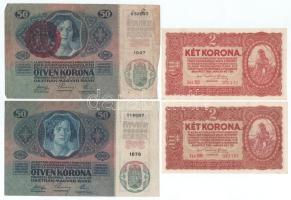 Vegyes, 8db-os korona bankjegy tétel, benne 1912. 100K felülbélyegzés nélkül + 1913. 20K (3x) + 1914. 50K (2xklf: piros "MAGYARORSZÁG" felülbélyegzéssel + felülbélyegzés nélkül) + 1920. 2K (2x) T:F,VG, közte szép papír