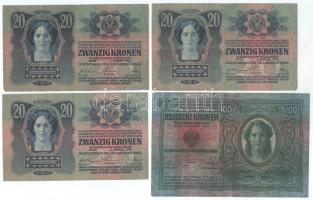 Vegyes, 8db-os korona bankjegy tétel, benne 1912. 100K felülbélyegzés nélkül + 1913. 20K (3x) + 1914...