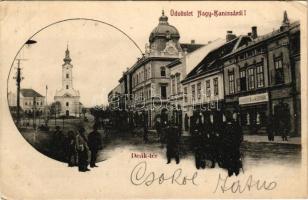 1902 Nagykanizsa, Deák tér, Gyógyszertár az Igazsághoz, Fantl Testvérek, Neu és Klein üzlete, templom. Alt és Böhm kiadása (kis szakadás / small tear)