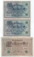 Német Birodalom 1908. 100M zöld pecsét (2x) + 1910. 1000M piros pecsét, hétjegyű sorszámmal (3x: "K" + "U" + "Q") + 1910. 1000M zöld pecsét T:F German Empire 1908. 100 Mark green seal (2x) + 1910. 1000 Mark with red seal, 7 digit serial (3x: "K" + "U" + "Q") + 1910. 1000 Mark with green seal C:F Krause P#34, P#44b, P#45