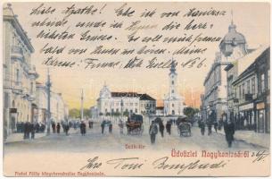 1905 Nagykanizsa, Deák tér, templom, üzletek. Fischel Fülöp kiadása (EK)