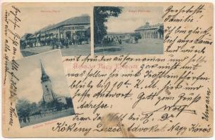 1905 Nagykőrös, Gabona piac, Benedek Adolf üzlete, Külső piactér, Református templom. Bazsó Lajos kiadása (fa)