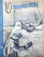 [Folyóirat] Magyar Futár. Politikai hetilap. Szerkeszti: Rajniss Ferenc. II. évfolyam, 7. szám. (1942. február 12.) Budapest, 1942. Stádium Rt. ny. Folio. 21 + [3] p. A Rajniss Ferenc szélsőjobboldali újságíró, közgazdász, szociálpolitikus főszerkesztésével megjelenő képes politikai hetilap 1941. május 29-e és 1944. december 6-a között jelent meg, erősen németbarát szellemben. Jóllehet első lapszámában a lap pártoktól függetlenként, az összmagyar szociális összefogás híveként határozta meg magát, álláspontja igencsak közel esett az éppen ellenzékben levő, szélsőjobboldali (bár nem nyilas irányzatú) Imrédy Béla-féle Magyar Megújulás Pártjához. Felvételekkel és rajzokkal gazdagon illusztrált lapszámunk a laktanyabeli élet idilli képeivel szítja a hazafiságot és a háborúhoz való pozitív hozzáállást; rövid képriportot szentel a gárdonyi nádaratásnak; majd heti hírkommentárjában az angol diplomácia és a hazai szociáldemokrata vezetők ellen szónokol. A főként a háborús helyzettel foglalkozó lap legfontosabb hadszíntérként a japán győzelmek helyszínét, Szingapúrt és Burmát mutatja be, győzelmi jelentéseket ad az olasz légierő Földközi-tengeri tevékenységéről, illetve Rommel 1942 januárjában induló előrenyomulásáról. Az afrikai és kelet-ázsiai hadszíntérrel ellentétben meglepően kevés szó esik a szovjet frontról (1941/1942 fordulóján a német villámháborús tervek elakadtak, Moszkva előterében pedig állóháború alakult ki). A lap a Bárdossy-kabinetre rótt német követelésekről sem ír: a 2. magyar hadsereg frontra küldéséről 1942 januárjában határoztak, mozgósítására azonban csak hónapokkal később, 1942 áprilisa és júniusa között történik meg - amiről lapszámunk értelemszerűen még nem tudhat. "A hét térképe" című rovatban a tengelyhatalmak kelet-ázsiai győzelmeinek térképe, rajta a Brit-India felé áttörést sugalló Burma térképe. A belív utolsó oldalán művelődéstörténeti rovat, a hátsó borító belső oldalán Dinnyés Károly grafikus antiszemita tendenciájú politikai karikatúrái. Kiadványunk szerepel az Ideiglenes Nemzeti Kormány által 1945-ben betiltott művek jegyzékén. Néhány levélen apró szakadásnyomok, enyhe lapszéli gyűröttséggel, a hátsó fedőborítón enyhe foltosság az alsó sarokban. Fűzve, kétszínnyomású, illusztrált, enyhén sérült kiadói borítóban.