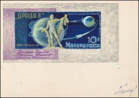 1968 Légrády Sándor Apollo-8 bélyegterve a tervező aláírásával. Képméret: 146 x 75 mm