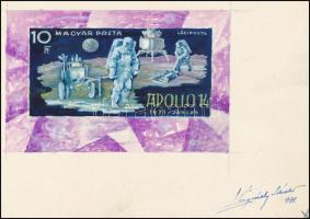1971 Légrády Sándor Apollo-14 bélyegterve a tervező aláírásával. Képméret: 115 x 74 mm