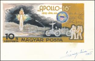 1972 Légrády Sándor Apollo-16 bélyegterve a tervező aláírásával. Képméret: 140 x 67 mm