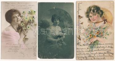 3 db RÉGI zsáner motívum képeslap vegyes minőségben: hölgyek / 3 pre-1945 motive postcards in mixed quality: ladies