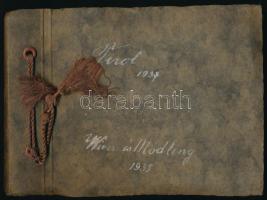 1935-1937 Tirol, Wien und Mödling, fotóalbum Ausztriában készült képekkel, összesen 58 db beragasztott fotóval, 9x6 cm körüli méretben, az albumlapokon feliratozva, harántalakú, zsinórfűzéses albumban, 13,5x18,5 cm