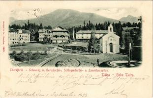1899 Tátrafüred, Schmecks, Smokovec (Magas-Tátra, Vysoké Tatry); Római katolikus templom, hegycsúcsok / Gerlsdorfer-, Schlagendorfer- u. Lomnitzerspitze / church. Stengel &amp; Co. (fl)