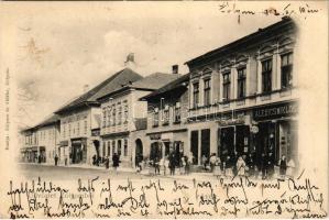 1902 Zólyom, Zvolen; Fő tér, takarékpénztár, vendéglő, Alexics Miklós, Schvarcz B., Zólyom és Vidéke vállalat üzlete és saját kiadása / main square, savings bank, restaurant, shops (EK)
