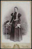cca 1900 Elegáns hölgy portréja, keményhátú fotó Pobuda Károly budapesti műterméből, 16,5×10,5 cm
