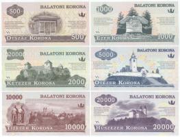 2012. 500K "Balatoni Korona" + 1000K "Balatoni Korona" + 2000K "Balatoni Korona" + 5000K "Balatoni Korona" + 10.000K "Balatoni Korona" + 20.000K "Balatoni Korona", helyi pénzek, mindegyik csak hátlapi nyomat, előoldalukon piros "MINTA" bélyegzéssel T:UNC / Hungary 2012. 500 Korona "Balatoni Korona" + 1000 Korona "Balatoni Korona" + 2000 Korona "Balatoni Korona" + 5000 Korona "Balatoni Korona" + 10.000 Korona "Balatoni Korona" + 20.000 Korona "Balatoni Korona", local money, all printed only on the back, with a red "MINTA (SPECIMEN)" stamp on the front C:UNC