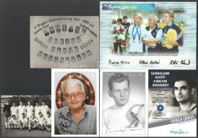 12 db sportolókat ábrázoló kép, nagyrészt nyomtatott aláírásokkal, de közte két eredeti Szabó Katalin, Varga János.