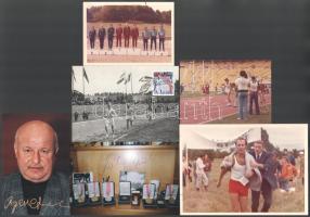 12 db sportolókat ábrázoló kép, nagyrészt nyomtatott aláírásokkal, de közte két eredeti Szabó Katali...