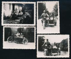 cca 1930-1940 Oldalkocsis motorkerékpár, 4 db fotó, a hátoldalon ragasztásnyomokkal, 6x9 cm