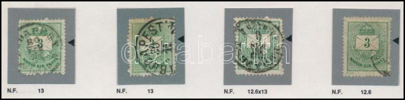 1874 4 db 3kr klf vésésjavításokkal, klf fogazat variációkkal (ex Orbán, Sebestyén aranyérmes kiállítási anyagból)