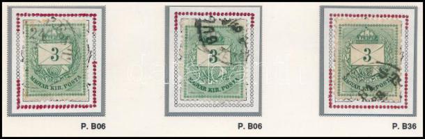 1874 3 db 3kr durva és durva-finom gyöngyjavítással (ex Orbán, Sebestyén aranyérmes kiállítási anyagból)