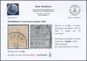 1850 1kr sárgás narancs HP III / yellowish orange "SISSEK" Certificate: Strakosch