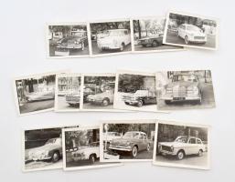 cca 1960 Oldtimer autókat ábrázoló fotók (BMW, Opel, DKW Junior, Fiat 1100, stb.), összesen 13 db, 6,5x9,5 cm körül