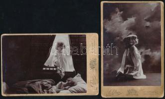 cca 1900-1910 Művészi, vallásos tematikájú felvételek egy kislányról, 2 db keményhátú fotó Fr. Erben (Graz) műterméből, kissé viseltes állapotban, 16,5x10,5 cm