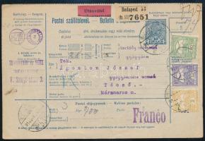 1914 Utánvétes teljes szállítólevél 3 színű Turul bérmentesítéssel, hátoldalon átadóvevénnyel