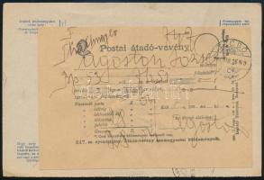 1914 Utánvétes teljes szállítólevél 3 színű Turul bérmentesítéssel, hátoldalon átadóvevénnyel