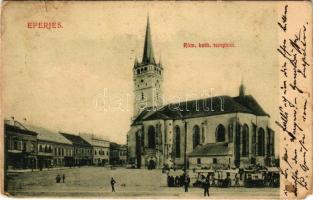 1909 Eperjes, Presov; Római katolikus templom, piac, üzletek. Felvétel és fénynyomat Divald K. fia műintézetéből / Catholic church, market, shops (EM)