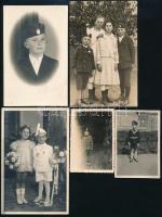 cca 1930-1940 Iskolai egyenruhás, ünneplőruhás gyerekeket ábrázoló fotók, 5 db, 8x5,5 cm és 14x9 cm között