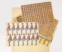 cca 1920 17 db klf sorminta, csomagolóanyag, trafikárú kifestő figurasor íveken 20x30 cm