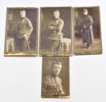 cca 1910 Katonatiszt portréi szablyával, Katonai Érdemérem (Signum Laudis) kitüntetéssel, 4 db keményhátú fotó Mérei és Társa budapesti műterméből, változó állapotban, közte három hiányos hátlappal, 16,5x10,5 cm és 21,5x13 cm között