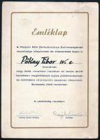 1946 Bp., A Magyar Nők Demokratikus Szövetsége által kiállított emléklap, szakadással, ragasztott