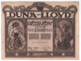 1922. Budapest "Duna-Lloyd" huszonöt részvénye egyben, 25.000K-ról szelvényekkel, "3826-3850" T:VF Hungary / Budapest 1922. "Duna-Lloyd" twenty-five shares about 25.000 Korona with coupons, "3826-3850" C:VF