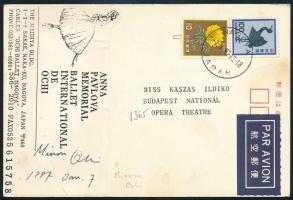 1987 Minoru Ochi japán balett-táncos autográf dedikációja képeslapon, Kaszás Ildikó (1941-2024) bale...