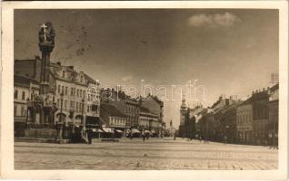 1931 Szombathely, Fő tér, Szentháromság szobor, üzletek. photo (EK)