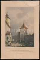 Ludwig Rohbock (1820-1883)-A. Rottmann: A botfalvai templom Erdélyben (Befestigte Kirche in Brenndorf, Siebenbürgen), színezett acélmetszet, papír, jelzett a metszeten, foltos, 16x11,5 cm