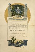 1914 Szombathely, ifjúsági katonai lövész-tanfolyam oklevél Ferenc József arcképével 28x44 cm Kartonon