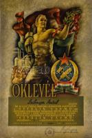 1954 Nagyméretű szocreál oklevél a Sztálin Vasmű dolgozója részére, terv: Légrády Sándor. Szélén minimális sérülésekkel, 48x33 cm