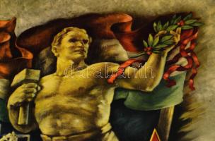 1954 Nagyméretű szocreál oklevél a Sztálin Vasmű dolgozója részére, terv: Légrády Sándor. Szélén min...