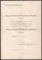 1957 Oklevél Munkás-Paraszt Hatalomért Emlékérem adományozása alkalmából, az ellenforradalom leverésében, az ország rendjének megszilárdításában kifejtett tevékenysége elismeréséül, Kádár János bélyegzett aláírásával. + 1950 Népköztársasági érdemérem adományozó Dobi István államfő aláírásával