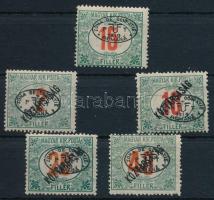 Debrecen (I.) 1919 Pirosszámú Portó 15f + Pirosszámú Portó / Köztársaság 2f, 10f, 20f, 40f Bodor vizsgálójellel (48.000)