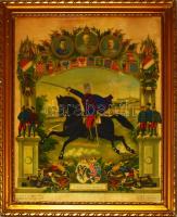 ca 1916 szolgálati időm emlékéül, Katonai szolgálati emlék litho oklevél Ferenc József, Károly arcképével, jó állapotban, üvegezett keretben 38x48 cm