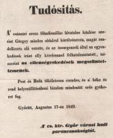 1849 A világosi fegyverletételről szóló császári hirdetmény. Győr városában kiadva, Tudósítás, a csá...