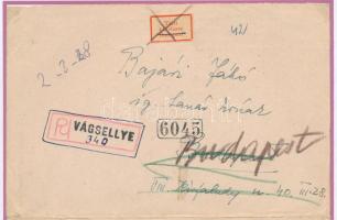 1944 20 bélyeges, összesen 1P értékű ajánlott levél Vágsellyéről december 23-án feladva, amikor Buda...