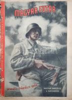 [Folyóirat] Magyar Futár. Politikai hetilap. Szerkeszti: Rajniss Ferenc. II. évfolyam, 41. szám. (1942. október 7.) Budapest, 1942. Stádium Rt. ny. Folio. 22 + [2] p. A Rajniss Ferenc szélsőjobboldali újságíró, közgazdász, szociálpolitikus főszerkesztésével megjelenő képes politikai hetilap 1941. május 29-e és 1944. december 6-a között jelent meg, erősen németbarát szellemben. Jóllehet első lapszámában a lap pártoktól függetlenként, az összmagyar szociális összefogás híveként határozta meg magát, álláspontja igencsak közel esett az éppen ellenzékben levő, szélsőjobboldali (bár nem nyilas irányzatú) Imrédy Béla-féle Magyar Megújulás Pártjához. Felvételekkel és rajzokkal gazdagon illusztrált lapszámunk főként a szovjet frontról közöl képriportokat. A német követelésre gyorsan felszerelt és a Déli Hadseregcsoport részeként kezelt 2. magyar hadsereg 1942 áprilisa és júniusa között érkezett meg doni állomáshelyére. A 200,000 főt számláló 2. magyar hadsereg könnyű páncélosokkal és repülő dandárokkal kiegészítve 1942 júliusában kezdte meg hadműveleteit, melyek célja a doni szovjet hídfőállások bevétele volt. Hadseregünk jelentős véráldozatok árán 1942 szeptemberétől védelemre rendezkedett be. Gondosan megválogatott képanyagú riportjaink nagyszerű győzelmekről adnak hírt: az ellátás akadozásáról, a túlerőről, illetve a rendelkezésre álló páncélosok és repülő egységek elavultságáról természetesen egyetlen szó sem esik. Önálló riport számol be a Kaukázus előterében zajló hadműveletekről, a kaukázusi népek német oldalra állásáról, Anglia utánpótlási zavarairól. Az antiszemita tendenciájú heti politikai hírkommentár a rémhírterjesztők ellen szónokol és nemzeti egységre buzdít. A belív utolsó oldalán művelődéstörténeti rovat, a hátsó borító belső oldalán politikai karikatúrák. Kiadványunk szerepel az Ideiglenes Nemzeti Kormány által 1945-ben betiltott művek jegyzékén. A lapszéleken enyhe töredezettség, néhány oldalon enyhe lapszéli foltosság. Fűzve, kétszínnyomású, illusztrált, sérült, enyhén hiányos kiadói borítóban.