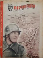 [Folyóirat] Magyar Futár. Politikai hetilap. Szerkeszti: Rajniss Ferenc. III. évfolyam, 1. szám. (1943. január 1.) Budapest, 1943. Stádium Rt. ny. Folio. 22 + [2] p. A Rajniss Ferenc szélsőjobboldali újságíró, közgazdász, szociálpolitikus főszerkesztésével megjelenő képes politikai hetilap 1941. május 29-e és 1944. december 6-a között jelent meg, erősen németbarát szellemben. Jóllehet első lapszámában a lap pártoktól függetlenként, az összmagyar szociális összefogás híveként határozta meg magát, álláspontja igencsak közel esett az éppen ellenzékben levő, szélsőjobboldali (bár nem nyilas irányzatú) Imrédy Béla-féle Magyar Megújulás Pártjához. 1943 januárjából származó lapszámunk a doni fronton 1942 nyara óta szolgáló 2. magyar hadsereg karácsonyi készülődéséről, illetve téli felderítő járőrözéséről közöl képriportot. Több szó nem is esik a fagyhalál, ellenséges túlerő és technikai fölény tizedelte, néhány hét múlva megsemmisülő magyar hadseregről. Bővebb képriport számol be a Leningrád körüli csatákról, a Földközi-tenger feletti légi harcról, illetve az észak-afrikai hadszíntérről. Az antiszemita tendenciájú heti belföldi hírkommentár ismételten nemzeti egységre szólít fel, illetve tiltakozik a rémhírterjesztés ellen; valamint sajtópolémiába bocsátkozik Márai Sándor legutóbbi írásával. Dövényi Nagy Lajos regényfolytatását Dinnyés Károly rajzai díszítik, a belső borító politikai karikatúrái a munkaszolgálatos zsidóságot, illetve Amerika hadi készülődéseit veszik célba. Kiadványunk szerepel az Ideiglenes Nemzeti Kormány által 1945-ben betiltott művek jegyzékén. A lapszéleken enyhe töredezettség, a levelek alján a szedéstükröt nem érintő, apró hiány. Fűzve, kétszínnyomású, illusztrált, enyhén sérült kiadói borítóban.